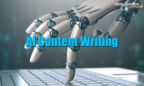 A picture of a robot's hand typing on a laptop keyboard to symbolize artificial intelligence in content writing