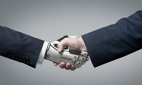 an AI robot shaking hands with a business owner