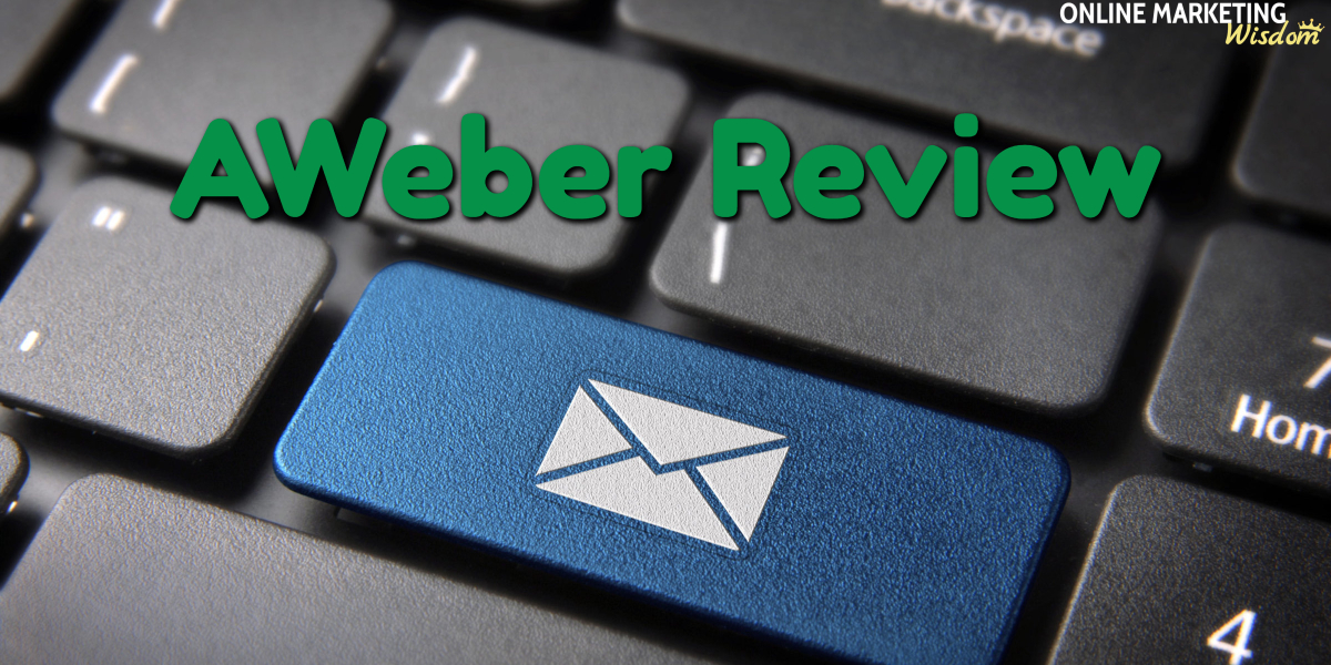 Featured image of the AWeber review article. It shows a keyboard with a blue email button and green text overlayed