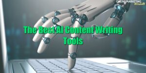 featured image for the article on the best ai content writers. The image shows a robot typing on a keyboard
