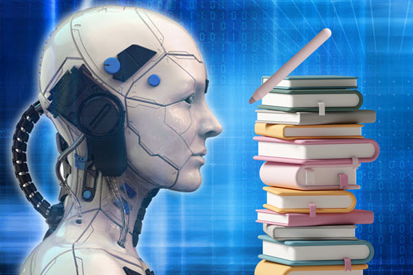 image of an AI robot looking at books and a pencil to symbolize machine learning