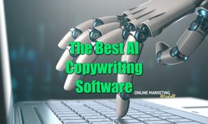 featured image for the best AI copywriting software article. the image background is of a AI robot hand typing on a laptop keyboard