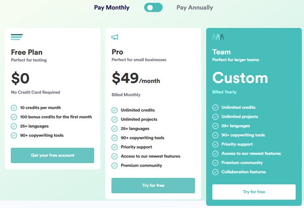 Screenshot of CopyAI's pricing plans