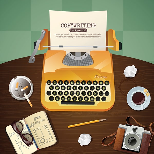 illustration of an old typewriter on a desk with the words copywriting written on a piece of paper