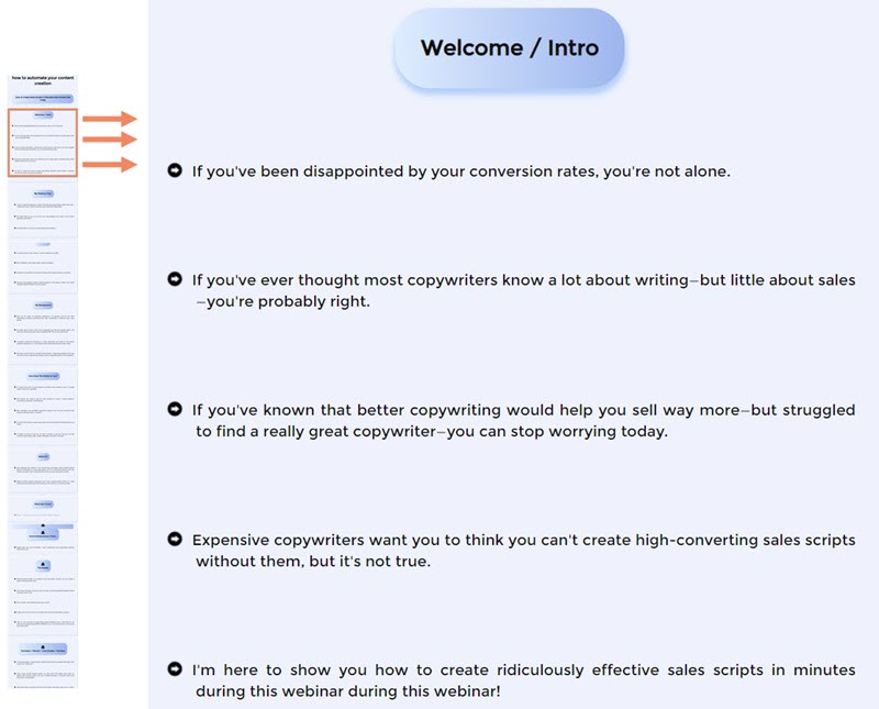 Example of an AI generated webinar script created by an AI copywriting software