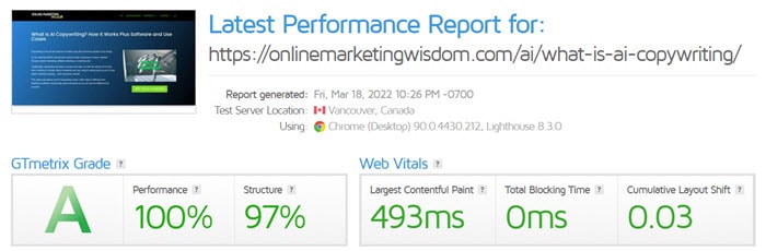 Results of a GTmetrix performance test on a webpage built with Divi