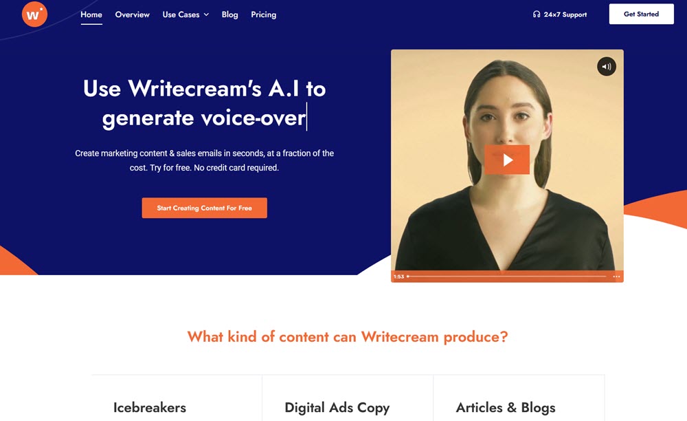 Screenshot of Writecream's homepage
