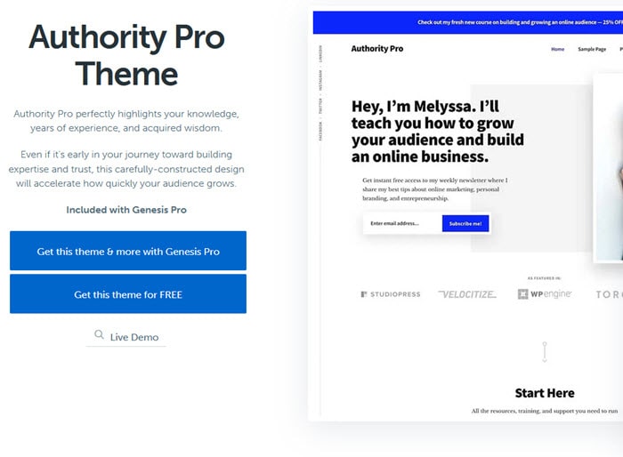 The homepage of the Authority Pro theme