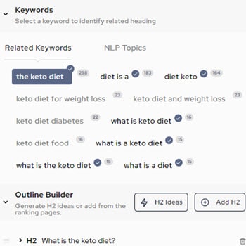 The outline builder in Outranking also provides you with detailed keyword and NLP data to assist you in creating optimized headings