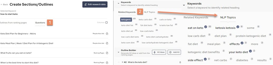 Viewing keywords and NLP topics in the outline creation