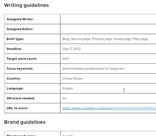 The first part of the SEO brief giving your writers general guidelines