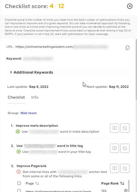 You can see a SEO to-do checklist for all your tracked keywords