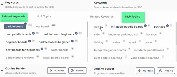 The outline builder in Outranking also provides you with detailed keyword and NLP topic data to assist you in creating optimized headings