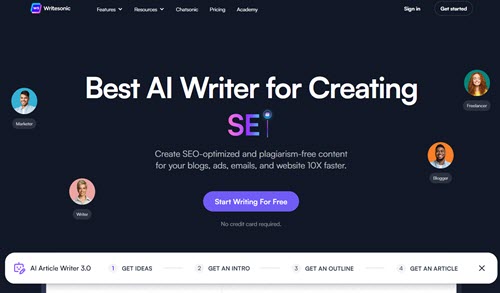 Writesonic's homepage. My #1 choice for a Shopify product description generator